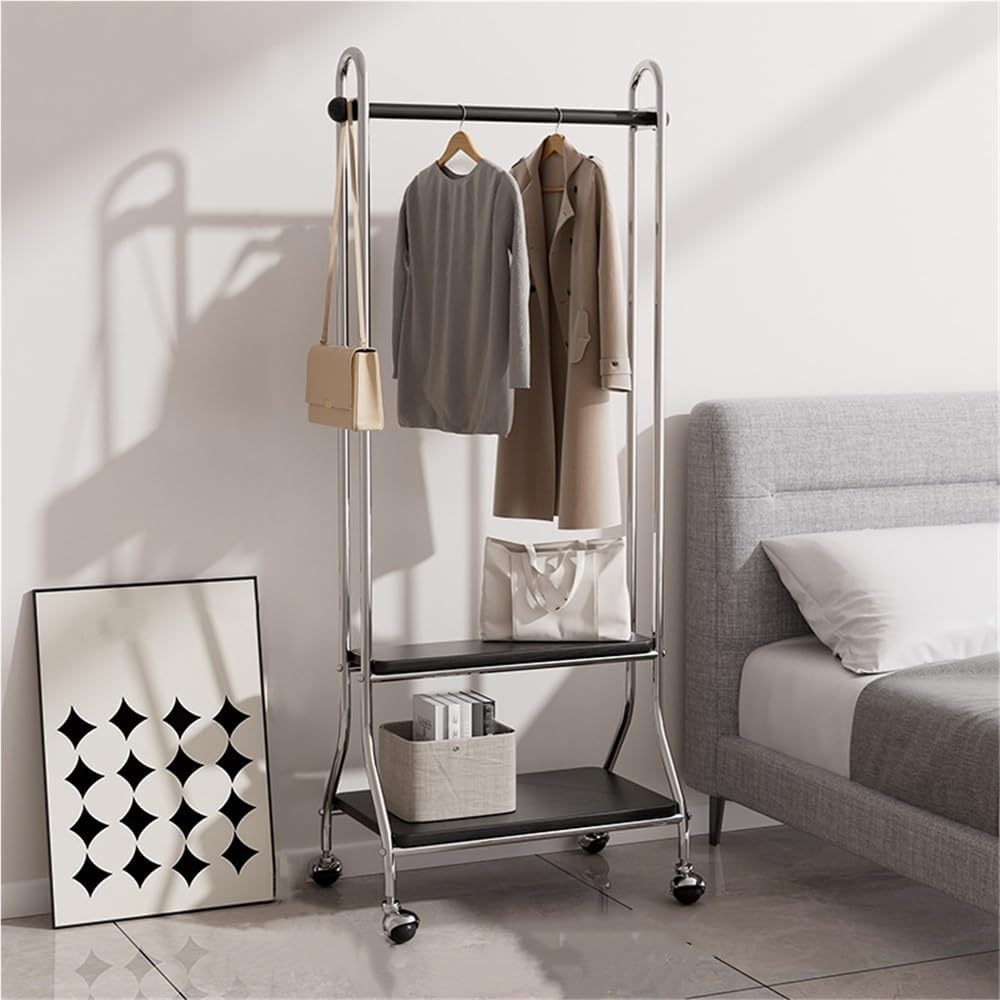 Metal Coat Rack with 2 Shelves Storage, Modern Solid Wood Hanging Rod Clothes Rack, Movable Freestanding Garment Rack for Entryway, Bedroom or Living Room(Black)