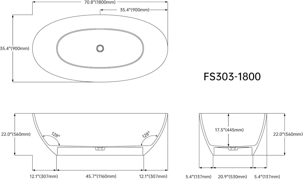 Stone Resin Freestanding Bathtub 71', Elegant Oval Shape Soaking Tub, Solid Surface Stand Alone Bathtub with Drain & Integrated Slotted Overflow Transparent Grey AMFS303-1800 Grey