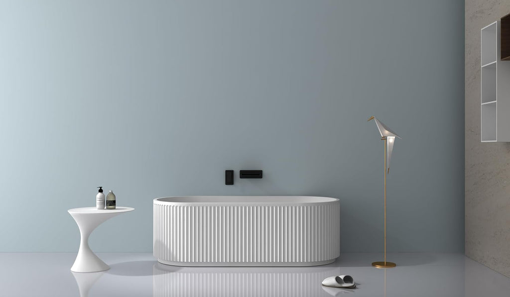 Ruvati 59-inch Fluted Freestanding Soaking Bathtub epiStone Solid Surface Modern Matte White - RVB6799WH