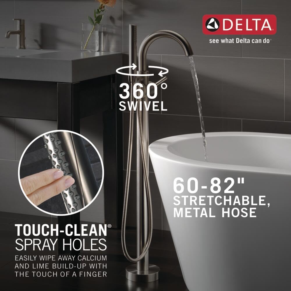 Delta Faucet Trinsic Floor Mount Tub Filler - Freestanding Roman Tub Spout with Handheld Shower - Flexible Shower Hose - Double Check Valves - Stainless, T4759-SSFL (Rough Sold Separately)
