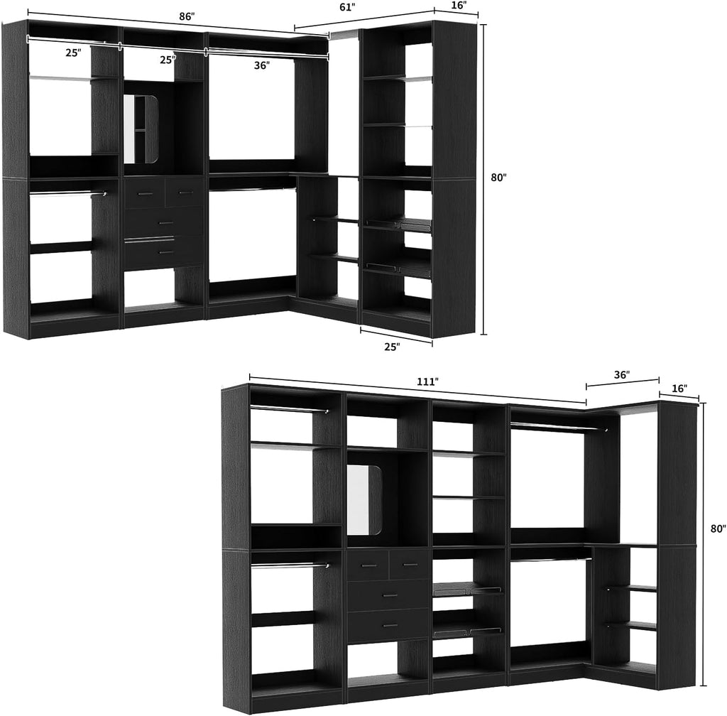 Unikito 110' Closet System with Drawers, Corner Closet Organizer with 4 Hanging Rods and Mirror Design, 9.3FT Reversible Large Wood L Shaped Walk in Closets Wardrobe with Shoe Shelves, Set of 4, Black