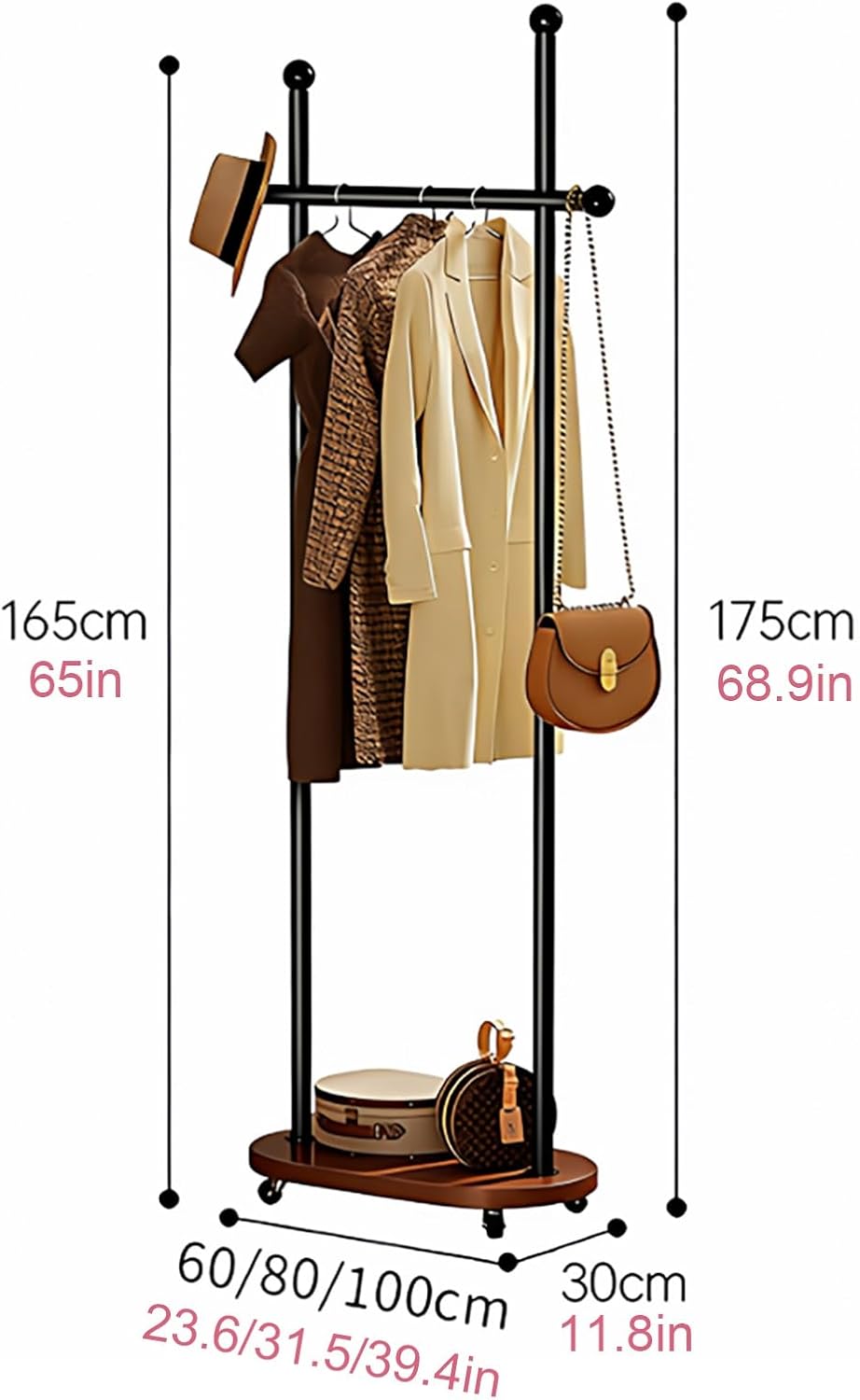 Rolling Coat Rack with Storage Shelf - Freestanding Garment Racks Hanger Stand, Clothes Rack for Entryway/Bedroom, Industrial Metal & Wood Organizer with Caster Wheels(Black,80cm(31.5in))