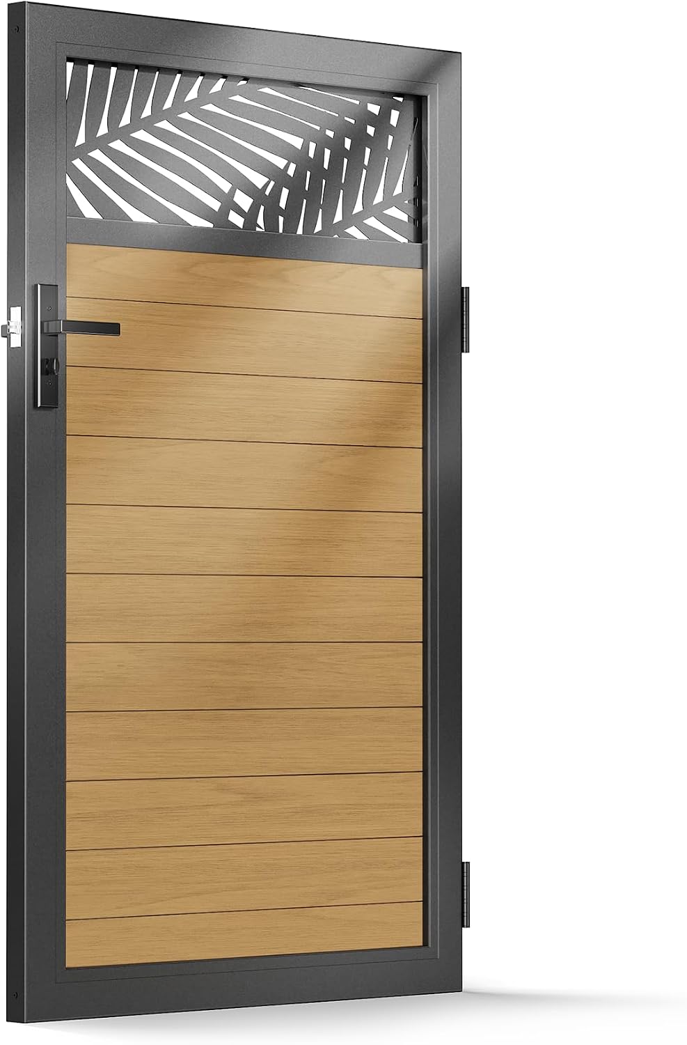 3x5 FT Aluminum Fence Gate Kit Wood Grain Aluminum Gate with Decorative Cutout, Lock & Hinges, Left/Right Opening, Weather Resistant for Yard Garden Patio