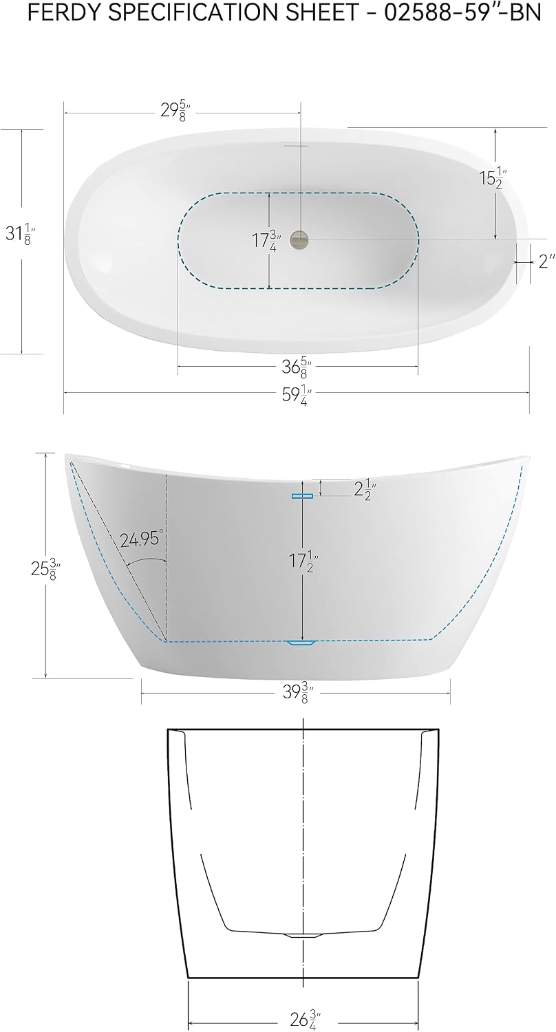 FerdY Naha 59' Acrylic Freestanding Bathtub, Curve Edge Freestanding Soaking Bathtub, Glossy White, cUPC Certified, Brushed Nickel Drain & Minimalist Linear Design Overflow Included, 02588