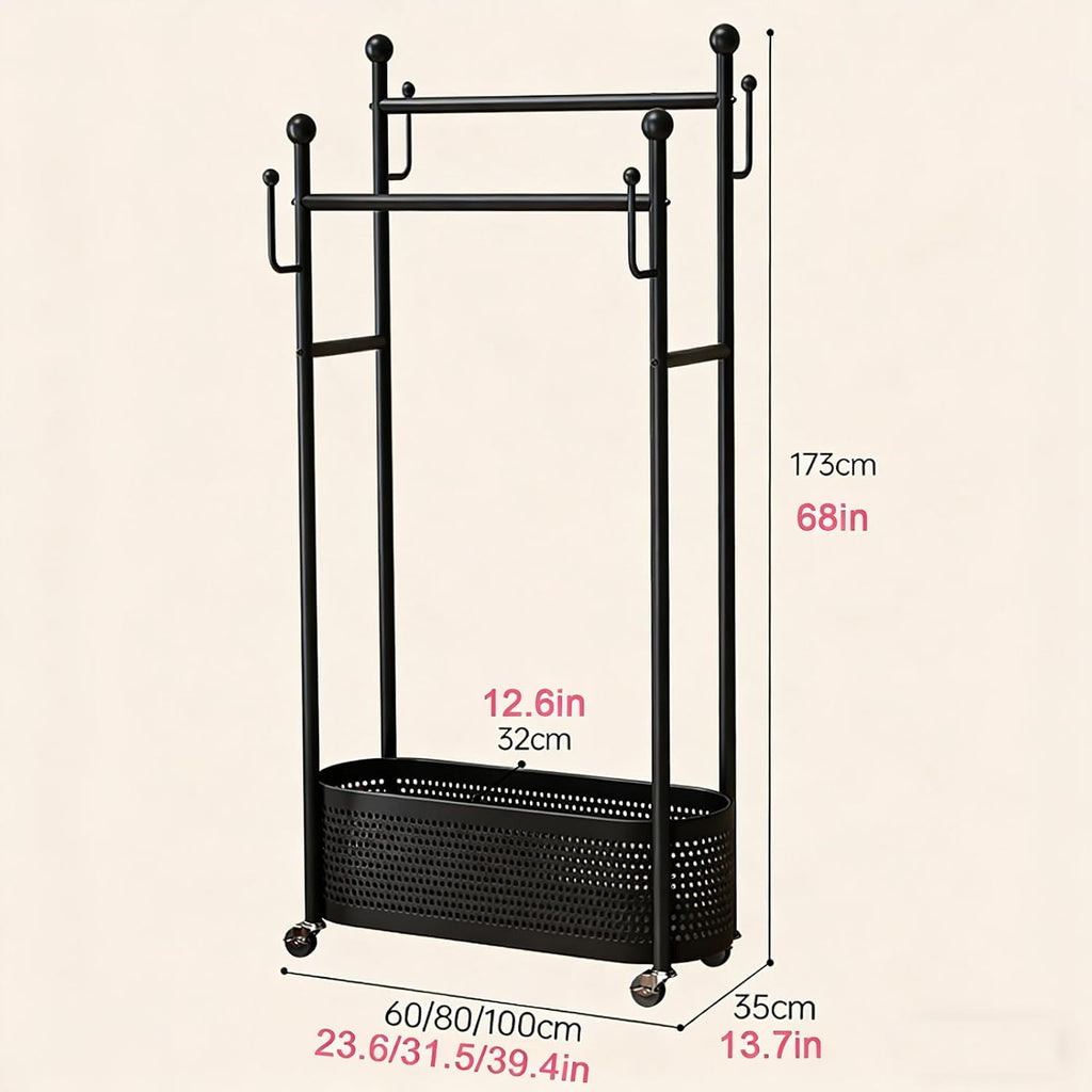 Modern Clothes Rack,Rolling Garment Rack with Storage Basket – Double Rod Clothing Organizer on Wheels for Bedroom, Closet or Entryway – Metal Coat Stand with Hooks(Black,60cm(23.6in))