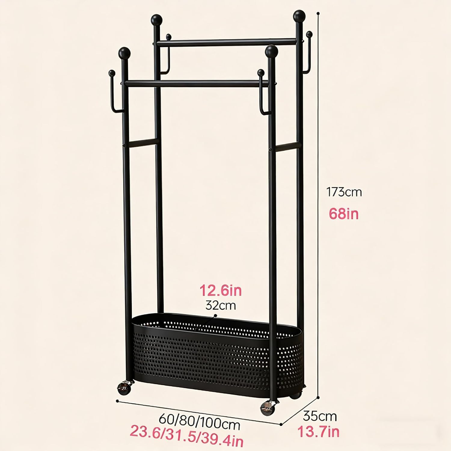Modern Clothes Rack,Rolling Garment Rack with Storage Basket – Double Rod Clothing Organizer on Wheels for Bedroom, Closet or Entryway – Metal Coat Stand with Hooks(Black,60cm(23.6in))