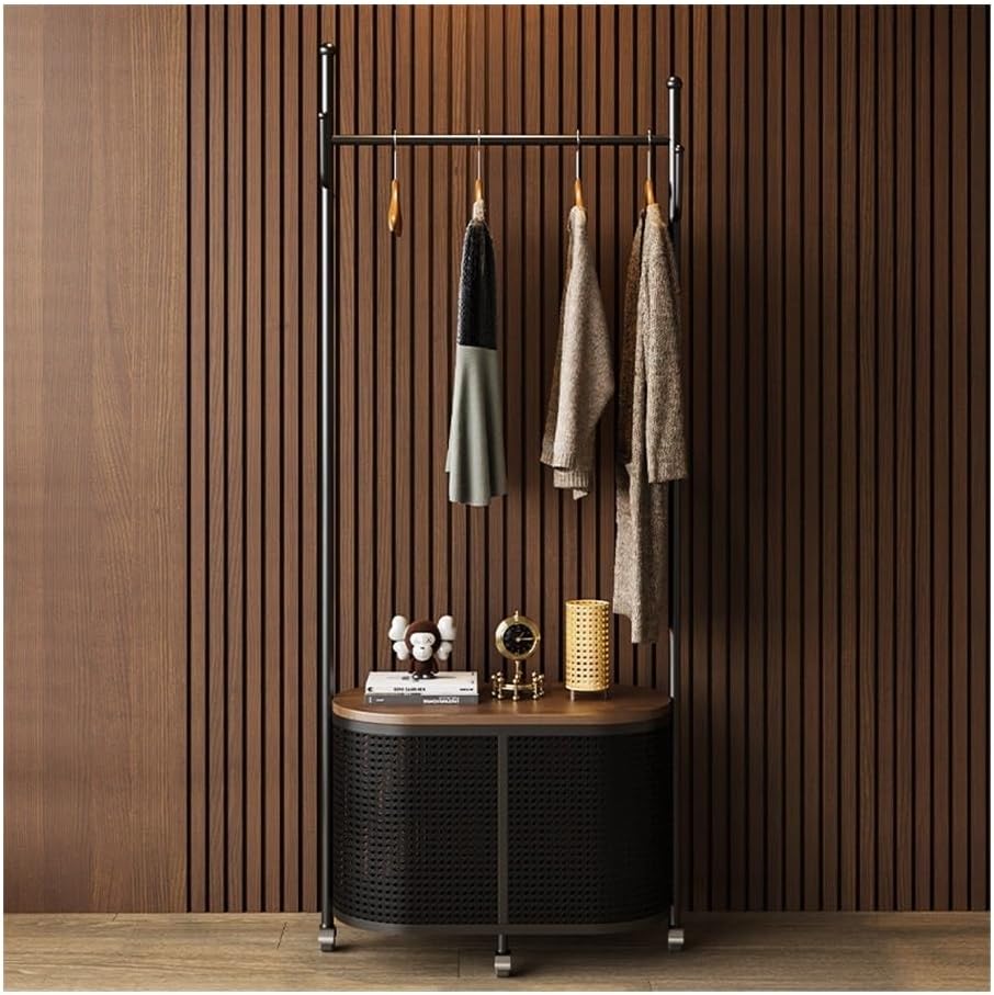 Coat Stand Vintage Style Freestanding Garment Rack with Removable Wicker Laundry Basket - Bedroom Clothes Hat Stand for Retro Storage and Hanging(Black)