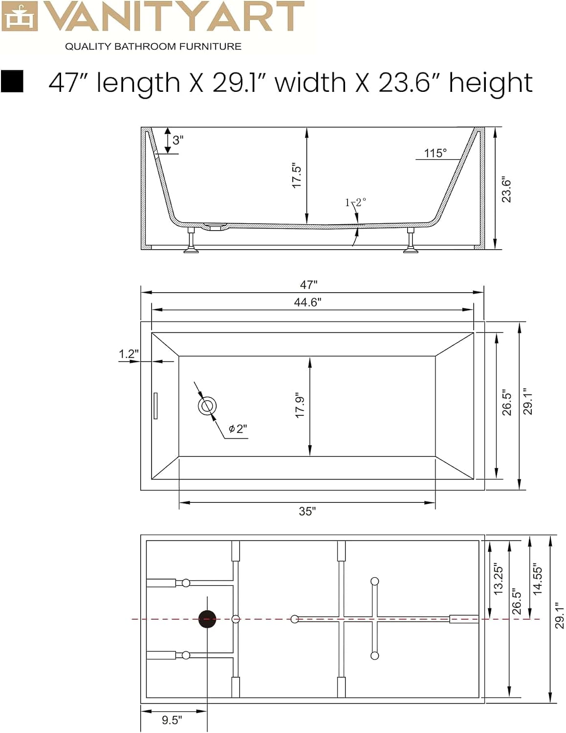 Vanity Art 47 x 29 Inch White Acrylic Freestanding Bathtub | Contemporary Design Soaking Tub with Polished Chrome Pop-up Drain and Slotted Overflow Included, UPC Certified VA6816B-XS