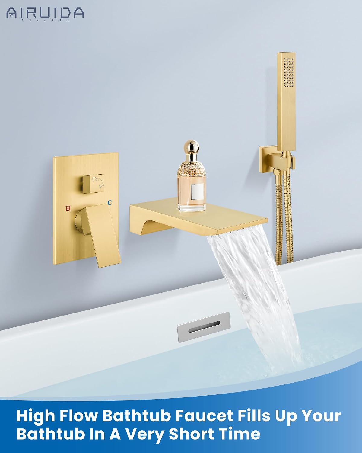 Airuida Wall Mount Tub Faucet with Waterfall Tub Spout Wall Mounted Bathtub Faucet with Handheld Shower Single Handle Tub Filler Shower Faucet Set with Rough-in valve Straight Spout Brushed Gold