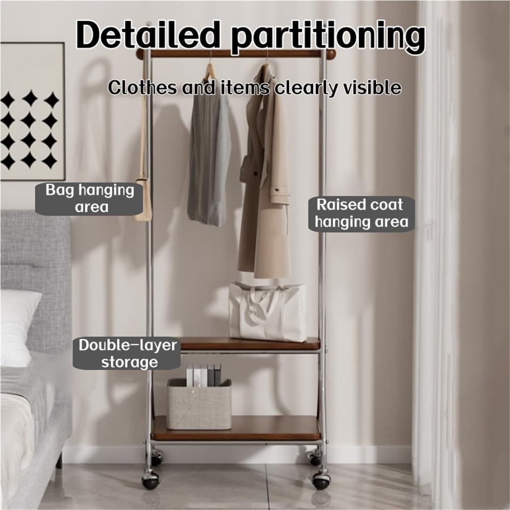 Metal Coat Rack with 2 Shelves Storage, Modern Solid Wood Hanging Rod Clothes Rack, Movable Freestanding Garment Rack for Entryway, Bedroom or Living Room(Black)