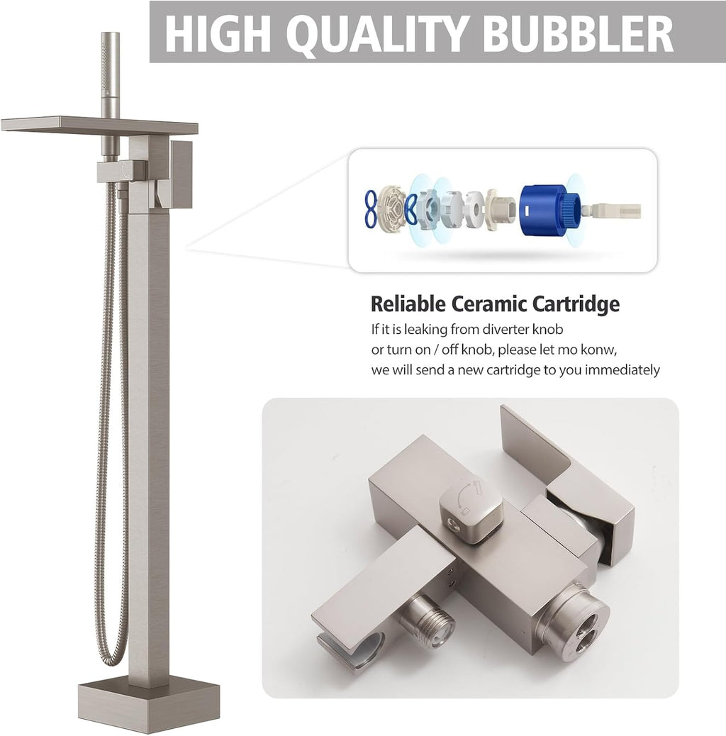 Hoimpro Floor Mount Bathtub Faucet Freestanding Waterfall Tub Filler, Brushed Nickel Single Handle High Flow Shower Faucets Mixer Bathroom Tub Faucets with 2 Function Hand Shower Wand