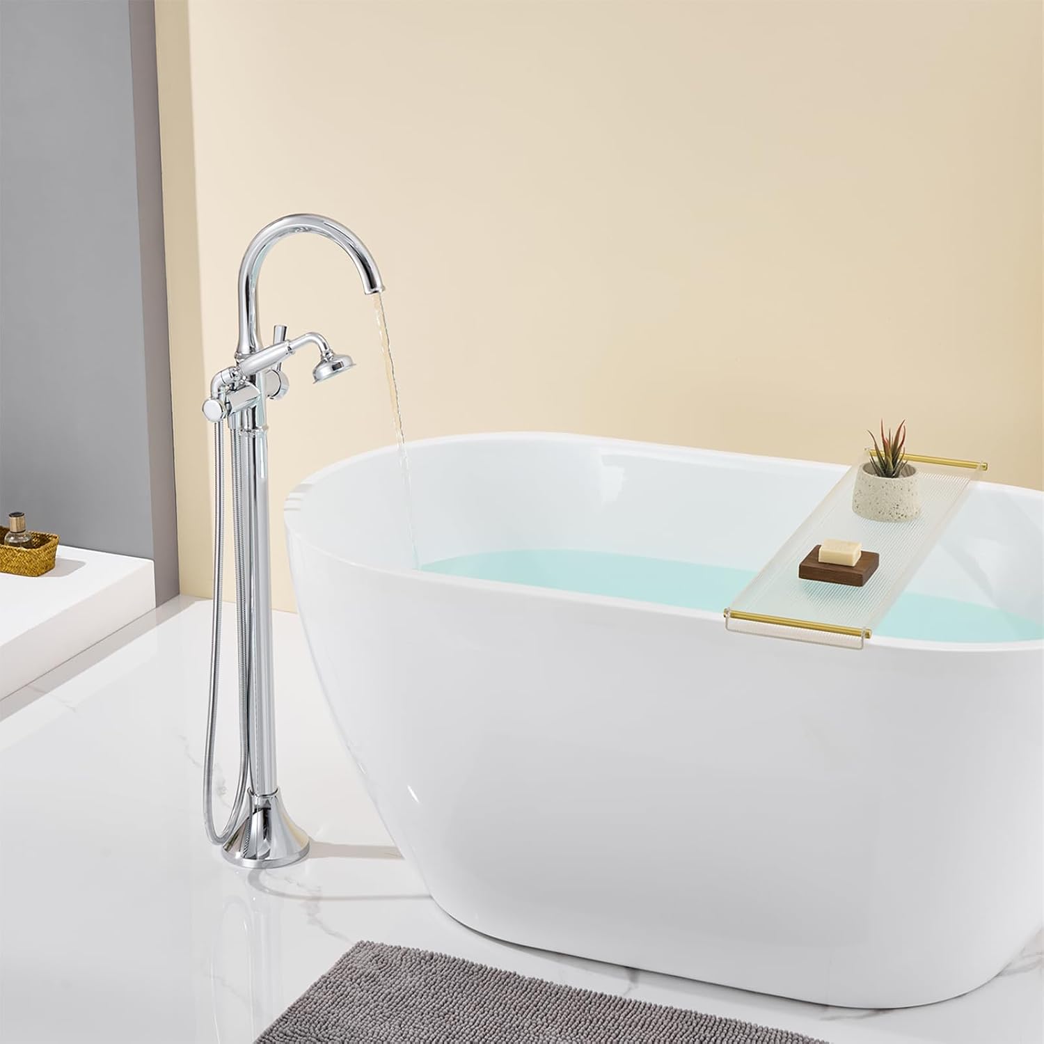 Wowkk Free Standing Tub Faucet Chrome Tub Filler Freestanding Bathtub Faucets Brass Tub Faucet with Hand Shower