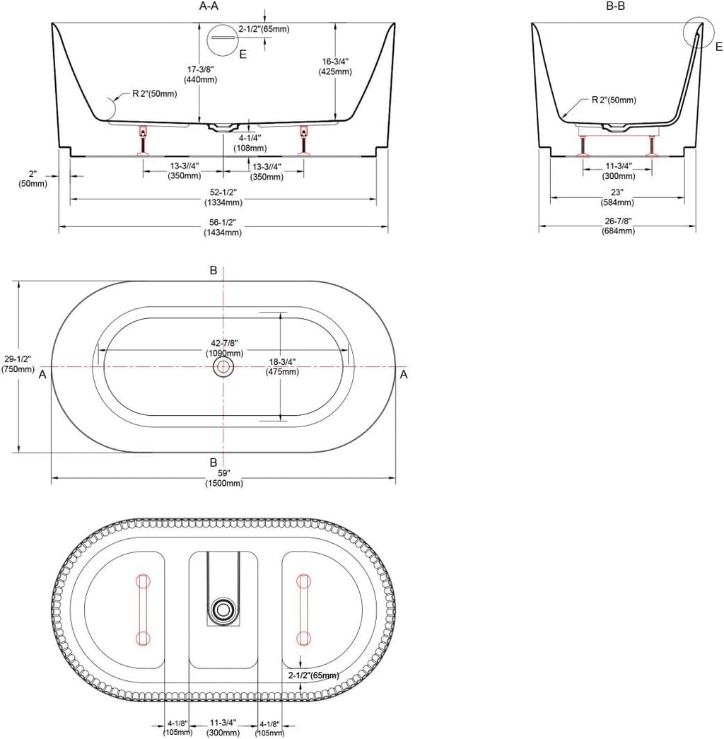 Dowell 59' x 30' Freestanding Bathtub, Acrylic Soaking Tubs, Fluted Design Oval Shape Bathtub W,Matte White-081 5930 01