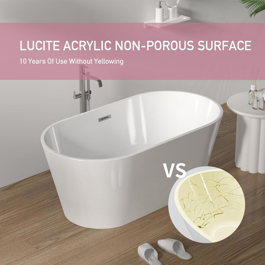 TONA 55' Acrylic Freestanding Bathtub Contemporary Soaking White Tub cUPC Certified, Toe-Tap Chrome Drain & Overflow Assembly Included