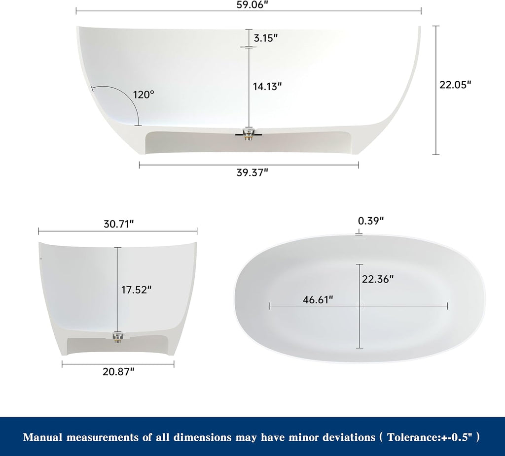 59'' Stone Resin Freestanding Bathtub, Bathroom Solid Surface Soaking Tub, Soaker Tubs Oval Shaped, Matte Luxury Modern Soaking Bathtubs with Overflow and Pop-up Drain - White