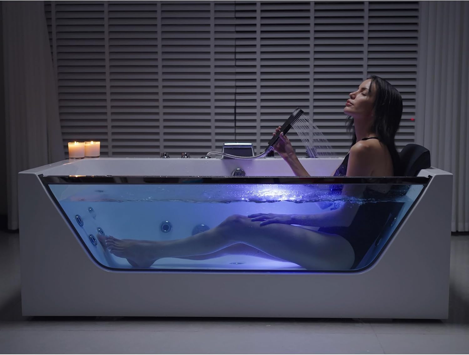 Empava 59' Acrylic Alcove Whirlpool Bathtub - 11 Jets Hydromassage with Chromatherapy, 750W, 58 Gallons, 3-Side Apron, Waterfall Faucet & ETL Certified