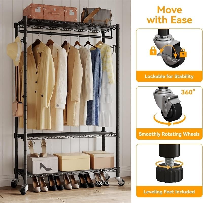 Rolling Garment Rack Heavy Duty Clothes with Wheels 15.7' d X 35.4' w 78.5' h Black Metal Finish