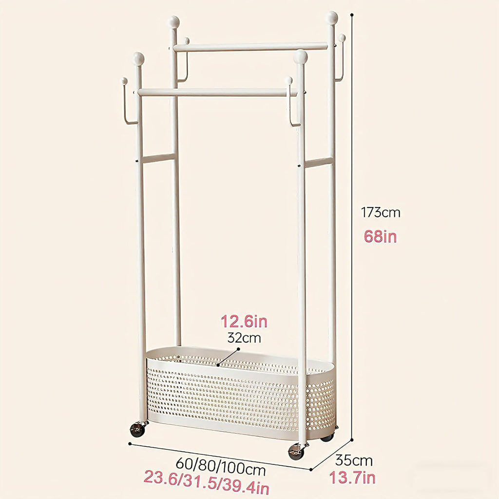 Rolling Metal Clothes Rack,Modern Garment Rack with Storage Basket – Double Rod Clothing Organizer on Wheels for Bedroom, Closet or Entryway – Coat Stand with Hooks(White,80cm(31.5in))