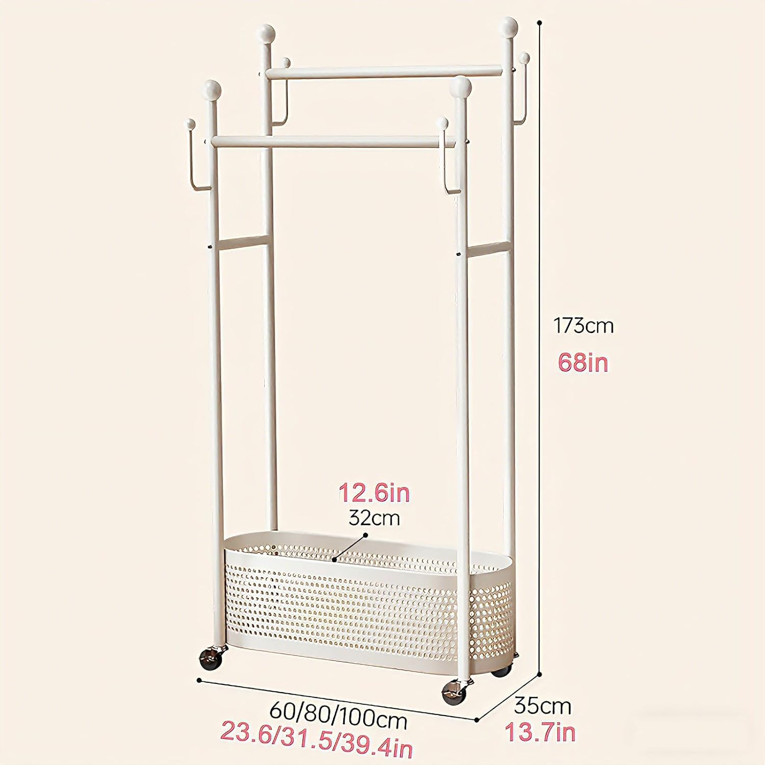 Rolling Metal Clothes Rack,Modern Garment Rack with Storage Basket – Double Rod Clothing Organizer on Wheels for Bedroom, Closet or Entryway – Coat Stand with Hooks(White,80cm(31.5in))