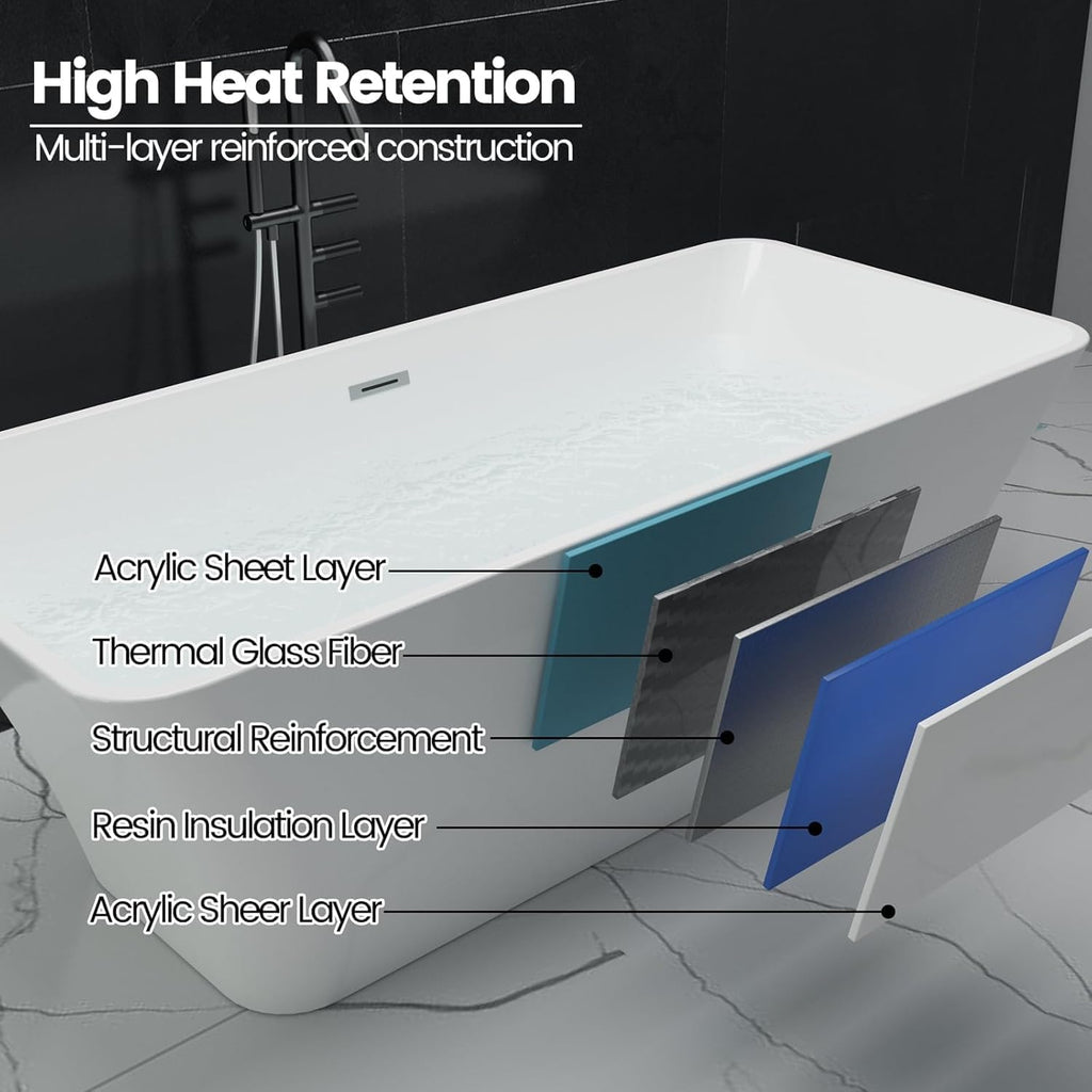 59' Acrylic Freestanding Bathtub with Chrome Drain Kit, Contemporary Square Soaking Tub with Overflow and Flexible PVC Drain Pipe, Double-Walled Insulation, CUPC Certified, Glossy White Finish