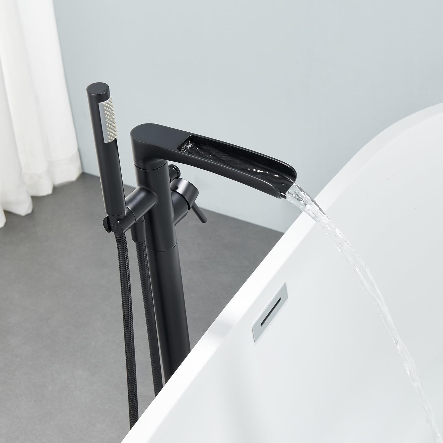 Wowkk Waterfall Freestanding Bathtub Faucet Black Floor Mount Tub Filler Brass Single Handle Bathroom Faucets with Hand Shower