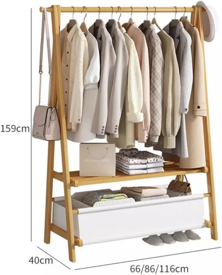 zktoermn Foldable Floor Mounted Coat Rack, with Large Storage Bag Clothes Organizer Stand 2-in-1 Freestanding Garment Rack for Bedroom, Laundry Room, Living-Room (Color : Natural, Size : 86x40x159cm)
