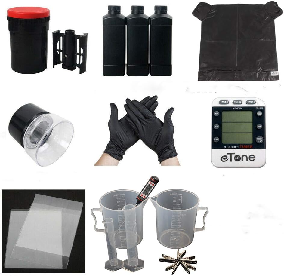 Darkroom Kit Developing Equipment Processing Tool Spiral Reed Timer Chemical Bottle Magnifier for 4x5 4x10 B&W and Color Film