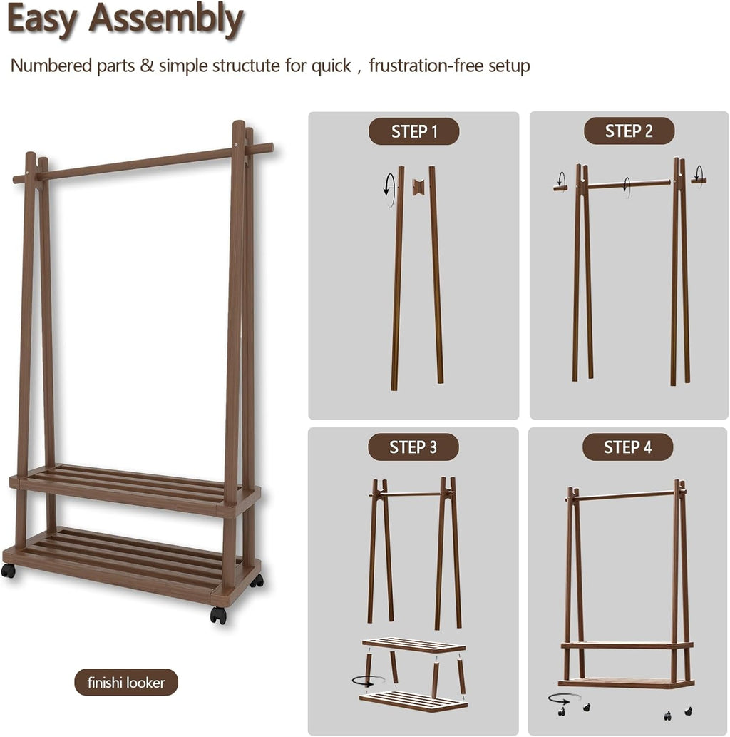 Solid Wood Clothing Rack Freestanding with Wheels, 3-in-1 Coat Rack with 2 Shelves & Hooks Load 500 Lbs, Heavy Duty Garment Rack for Hanging Clothes & Organizer for Entryway Bedroom Living Room 23.6'W