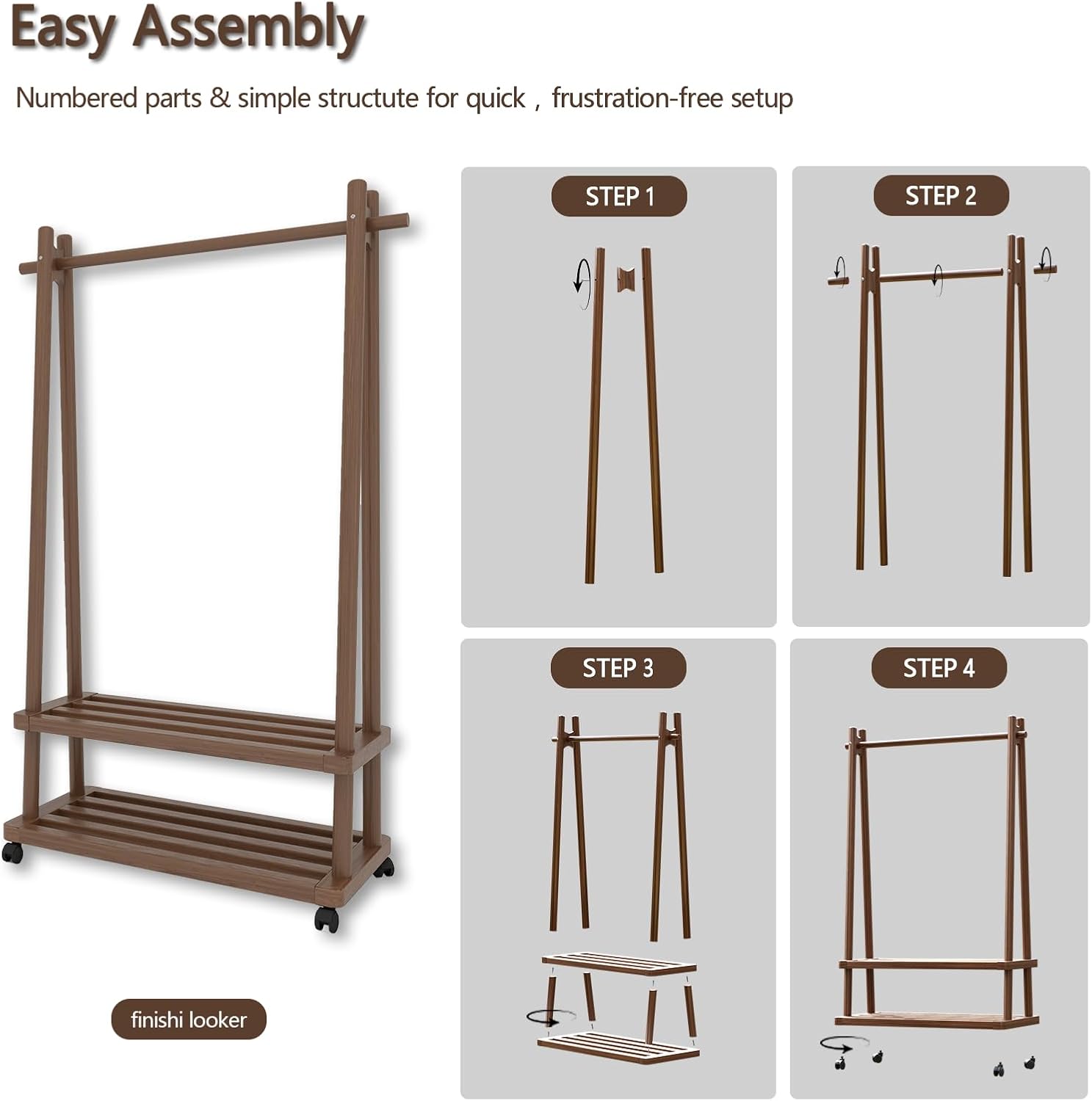 Solid Wood Clothing Rack Freestanding with Wheels, 3-in-1 Coat Rack with 2 Shelves & Hooks Load 500 Lbs, Heavy Duty Garment Rack for Hanging Clothes & Organizer for Entryway Bedroom Living Room 23.6'W