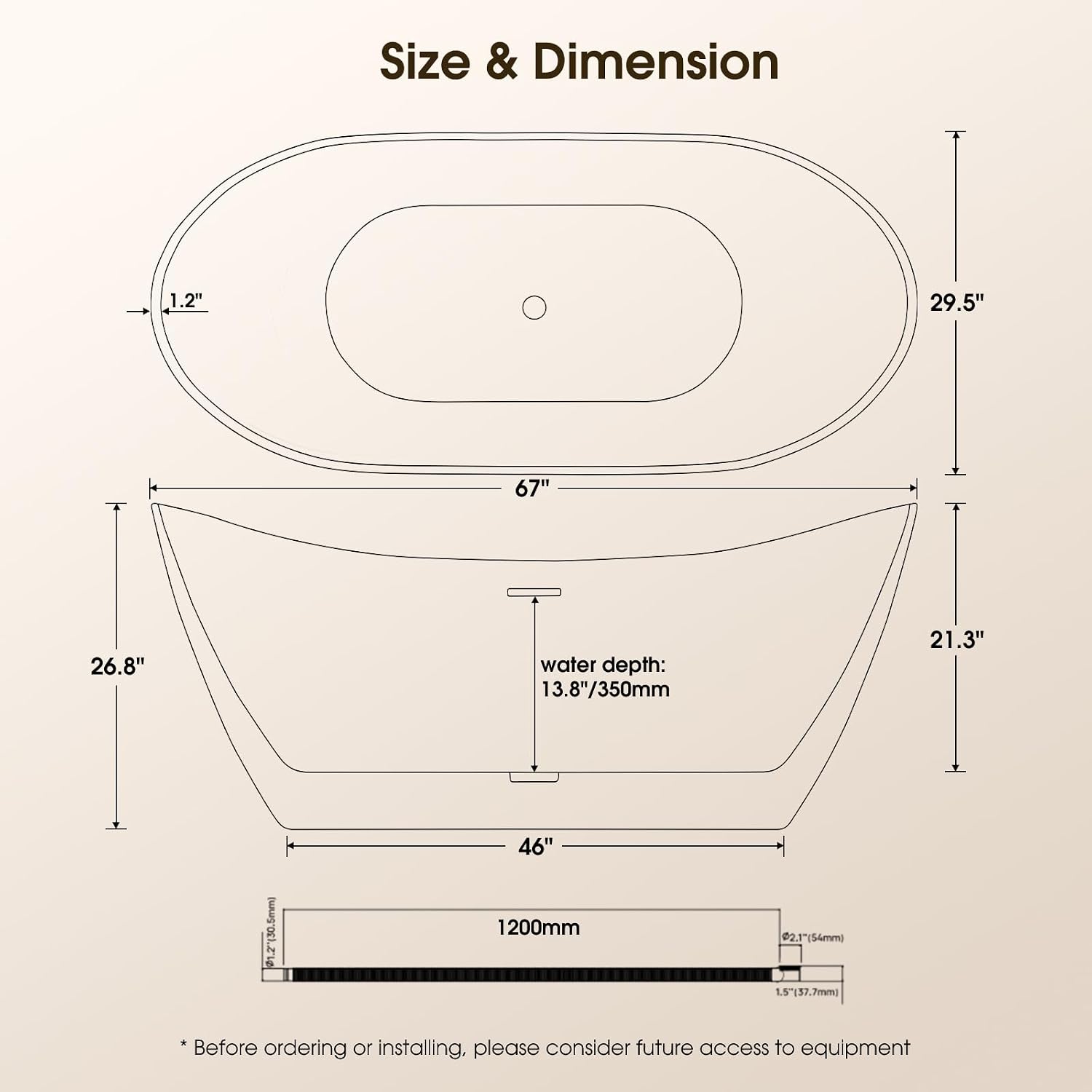 67' Acrylic Freestanding Bathtub,14' Deep Soaking Tub with Integrated Overflow & Drain,2 Person Soaking Tub,CUPC Certified, Chrome Drain Bath Tub,Modern Tub for Bathrooms,Double Backrest White