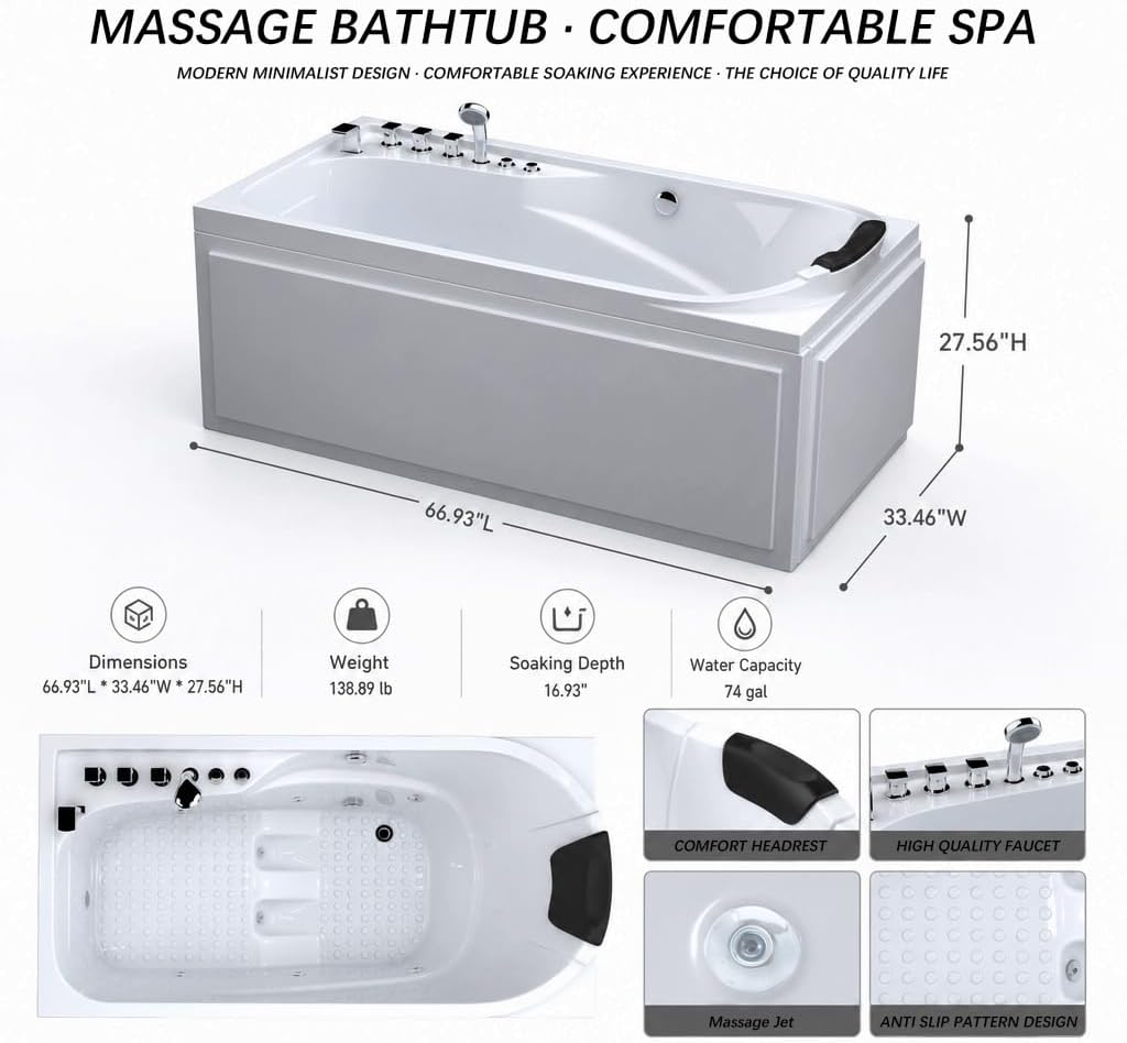 67' x 34' Acrylic Whirlpool Bathtub with Center Drain – 8 Hydro Jets, 750W Jetted Tub, Ergonomic Soaker, White