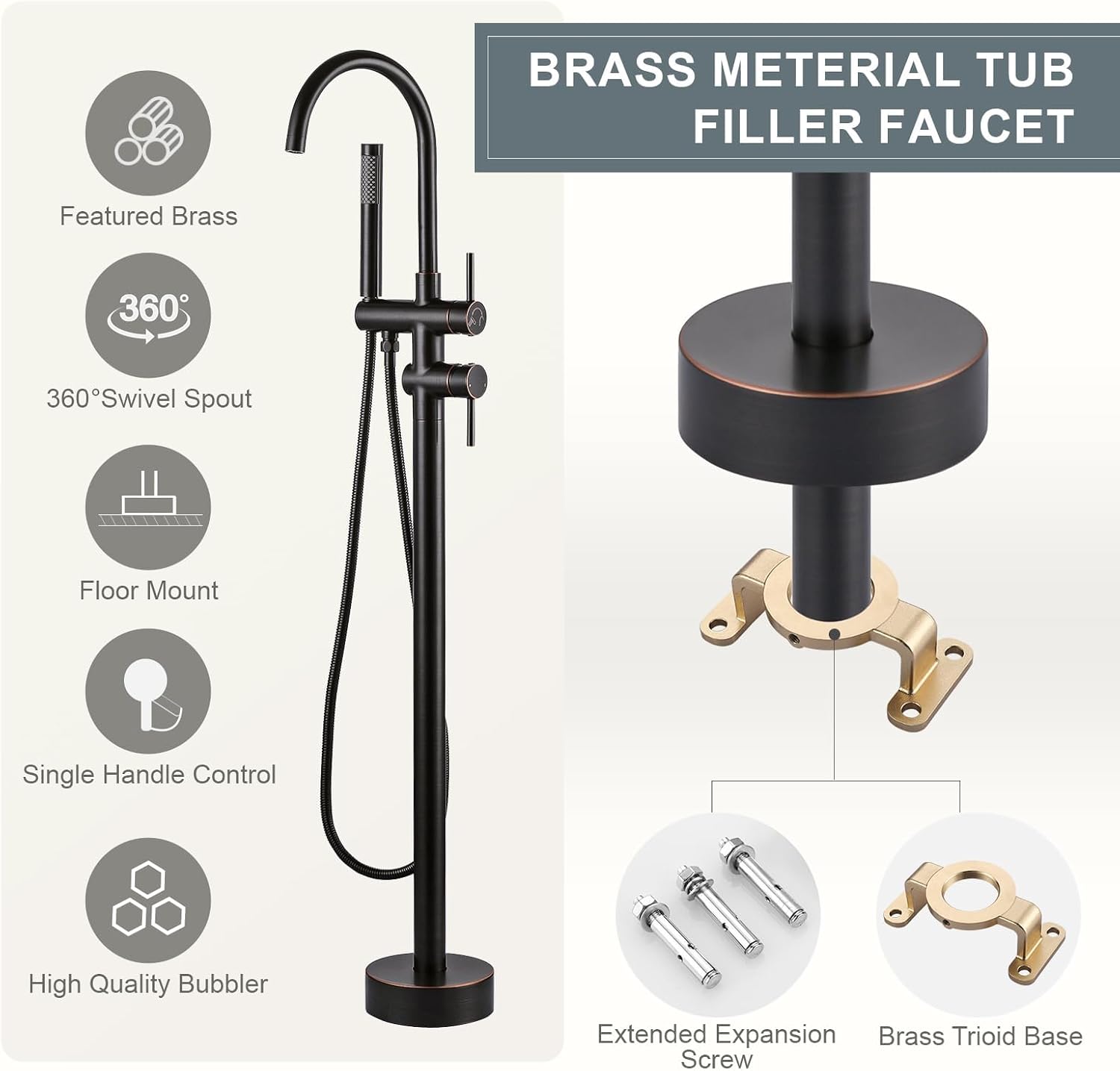 Freestanding Tub Filler Faucet, Floor Mount Oil Rubbed Bronze Bathtub Faucet with Single Handheld Shower, Brass Shower Tub Faucet Set Complete, Bathtub Faucet with Shower