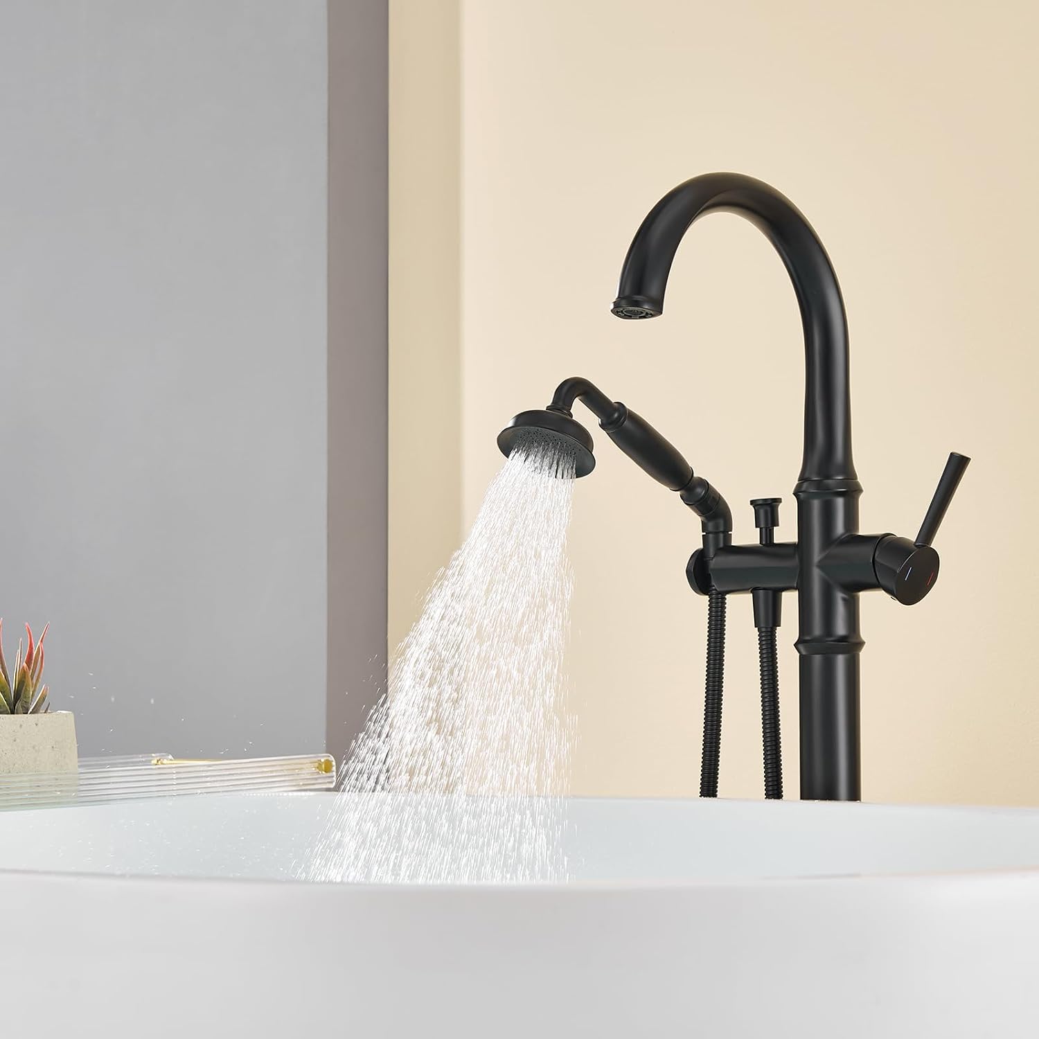 Wowkk Freestanding Bathtub Faucet Black Free Standing Tub Filler Brass Bathtub Faucets Floor Mounted Bathroom Tub Faucet with Hand Shower