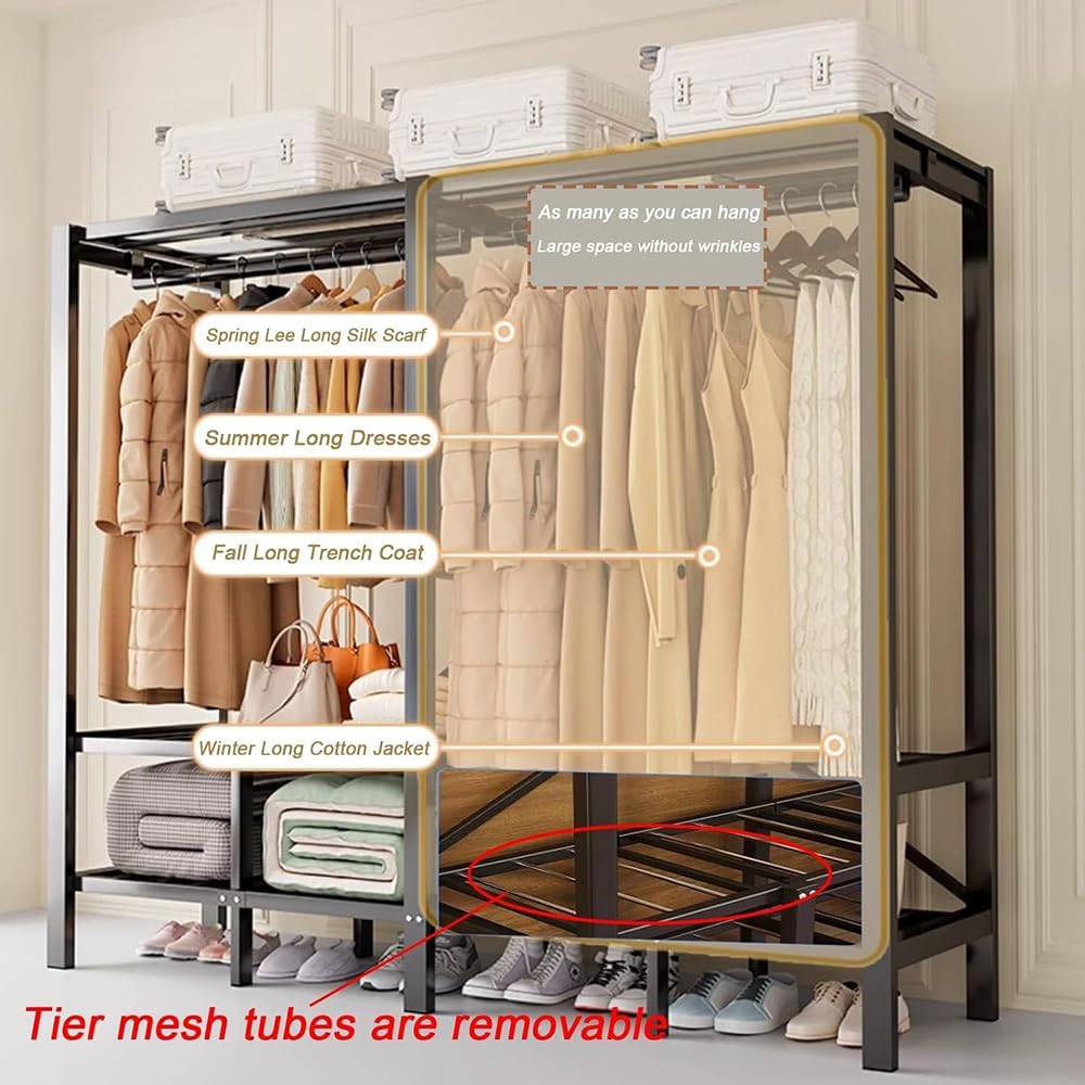 Portable Wardrobe Closet Rack, Heavy Duty Garment Rack with Fabric Cover, Clothing Storage Organizer Rack, Storage Shelves for Cloakroom, Bedroom,75in