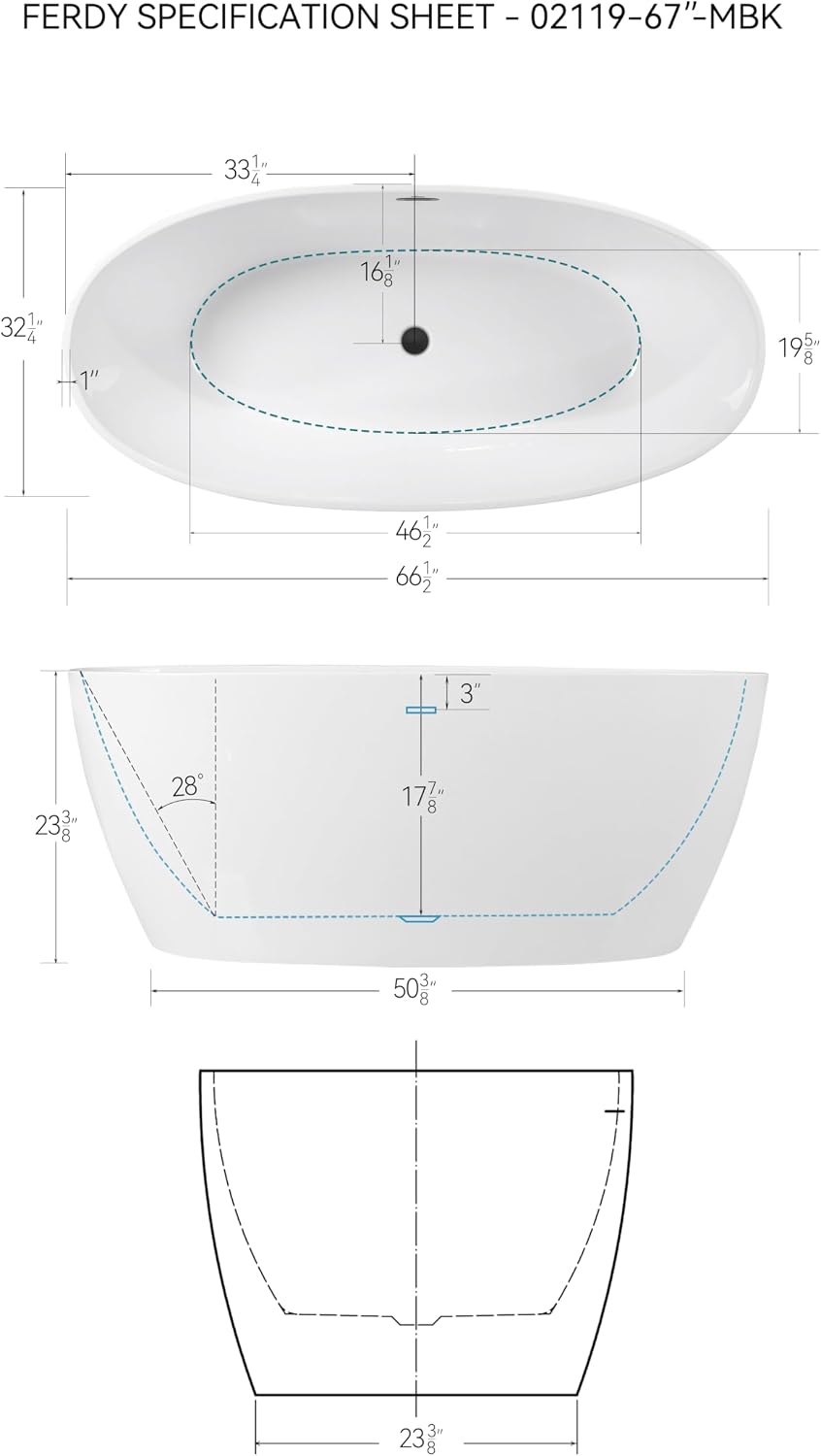 FerdY 67' Acrylic Freestanding Bathtub, Contemporary Soaking tub with Matte Black Drain & Overflow, Elegant Oval Shape, cUPC Certified, Tahiti