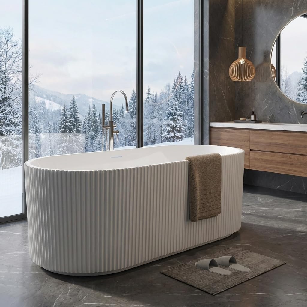 59 Inch Freestanding Bathtub Oval Acrylic Soaking Tub with Decorative Stripe Design, Integrated Overflow & Pop-Up Drain, Modern Stand Alone Tub for Contemporary Bathroom Remodel, White
