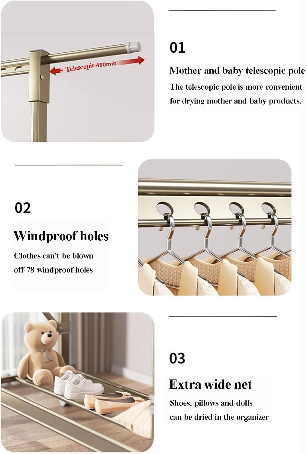 Coat Rack Hooks Double Clothes Rail Commercial Grade Garment Rack with Wheel, Heavy Duty Clothing Rails Adjustable Collapsible Rolling Clothes Rack(120-200cm)