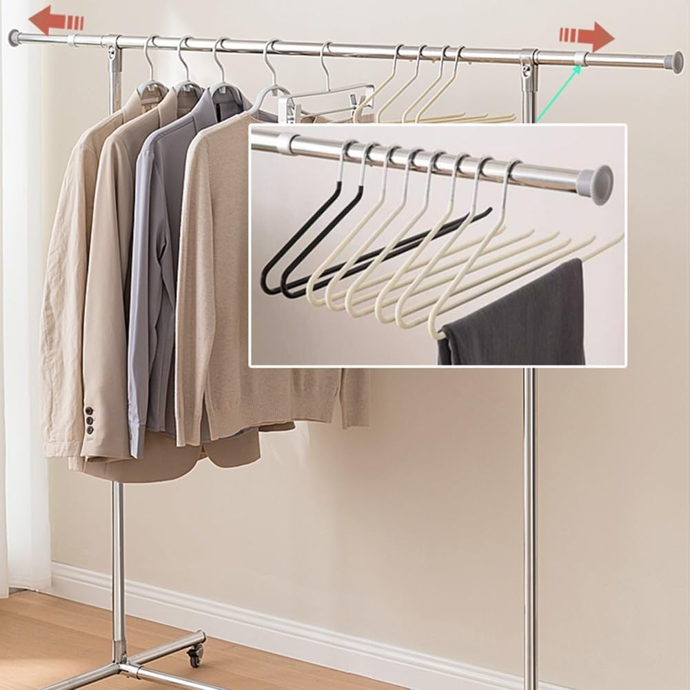 Extendable Steel Clothing Garment Rack with Wheels, Telescopic Rod, Rolling Clothes Rack for Bedroom, Laundry Room, Clothes Rail with Bottom Shelf and 4 Wheels, Load Capacity 80kg