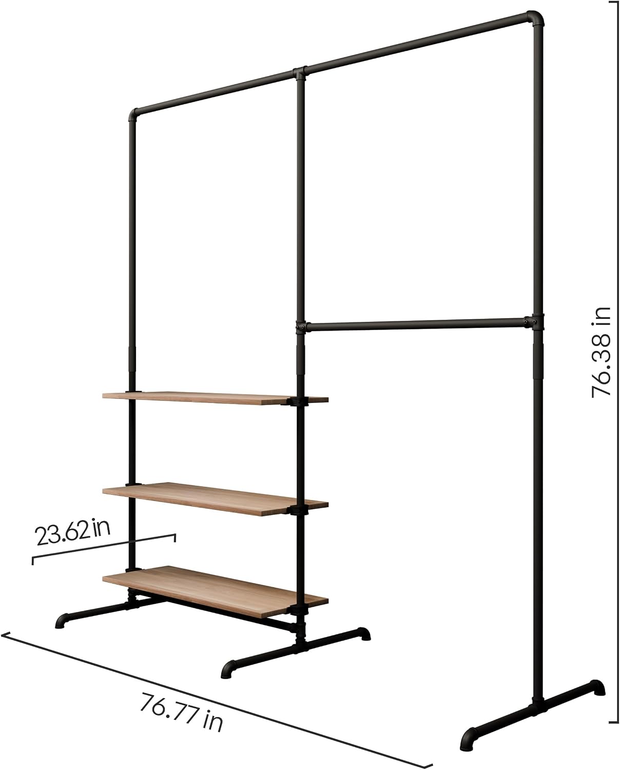 pamo Industrial Pipe Clothing Rack with Oak Shelf – 76' W x 76' H – Freestanding Metal Garment Rack for Bedroom, Walk-In Closet & Retail