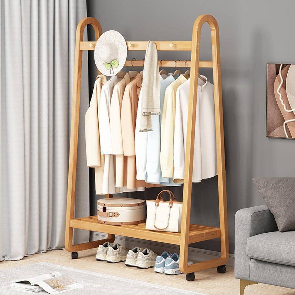 Floor-Standing Solid Wood Rotating Coat Rack，Bamboo Clothes Rail with Free Standing Garment Rack on Wheels Stylish Entryway Coat Rack for Bedroom or Hallway