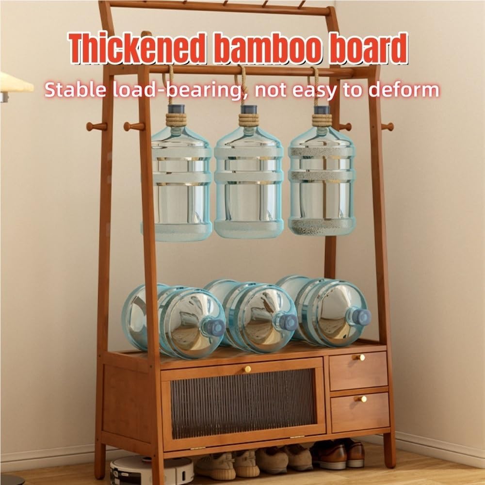 Heavy Duty Coat Rack Stand with Storage Drawers, Bamboo Clothing Rack with Double Hanging Rods and Bottom Shelf, Freestanding Garment Rail for Bedroom Living Room Entryway(Khaki,50cm/19.7in)
