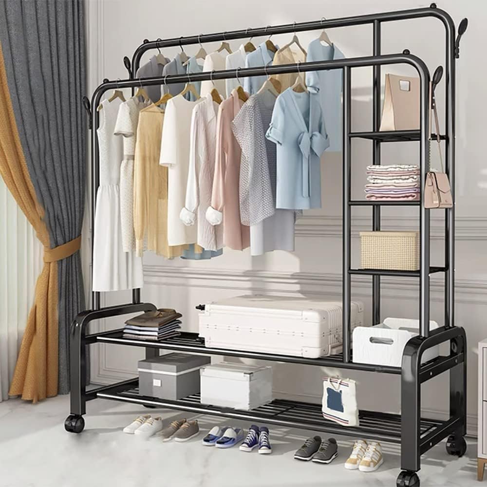 Metal Clothes Rail, Coat Rack Stand, Freestanding Garment Rack, Bedroom Clothes Drying Rack with Storashelf, for Home Office Indoor/Black