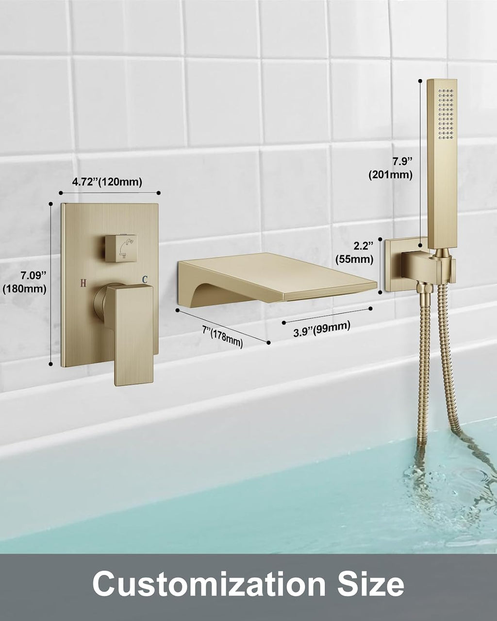 Aolemi Wall Mount Bathtub Faucet,Tub Faucet Set Waterfall Wall Mounted Tub Filler with Handheld Sprayer Single Handle,Brushed Gold