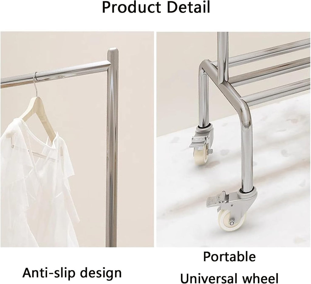 Heavy duty Garment rack 2-in-1 Clothing Rack On Wheels, Multi-functional Clothes Rack With Storage Rack, Rolling Clothes Organizer For Bedroom And Living-room, Silver Stainless Steel Coat Rack ( 100X