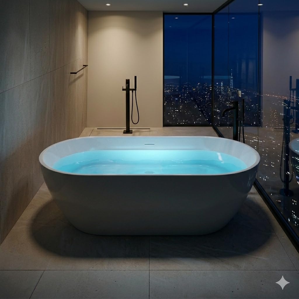 ANZZI 67 In Freestanding Acrylic Bathtub Flat Bottom Soaking Tub White Gloss Finish Integrated Overflow Modern Bathroom Mone Series 66.5 x 29.1 x 22.4 In Capacity 63.4 Gal | AMZFT903-67