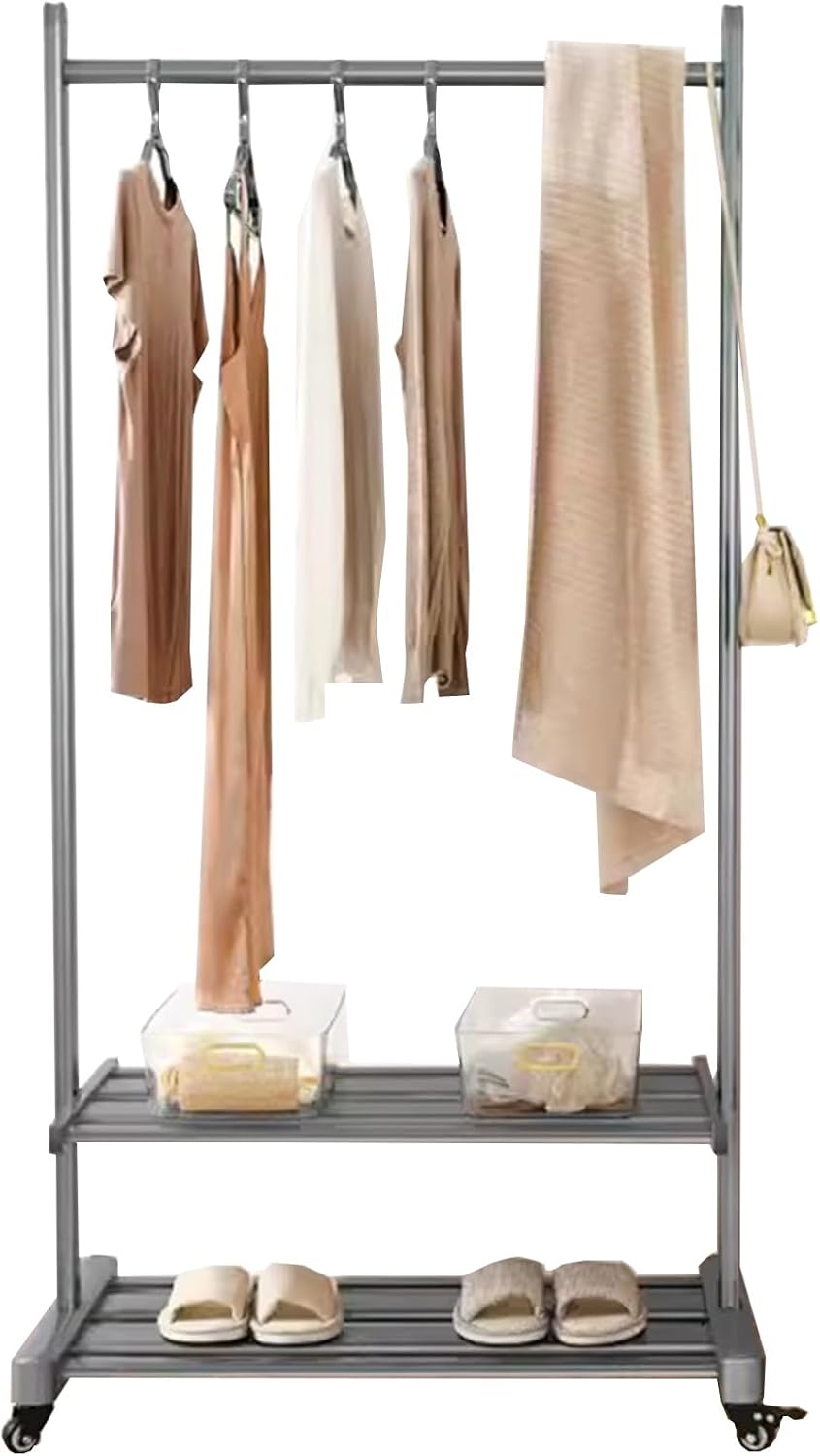 Heavy Duty Coat Rack, Garment Rack Heavy Duty Clothes Rail On Wheel, Rolling Clothing Rack for Hanging Clothes, Aluminum Alloy Coat Rack with 2 Shelves for Bedroom, Portable Space Saving