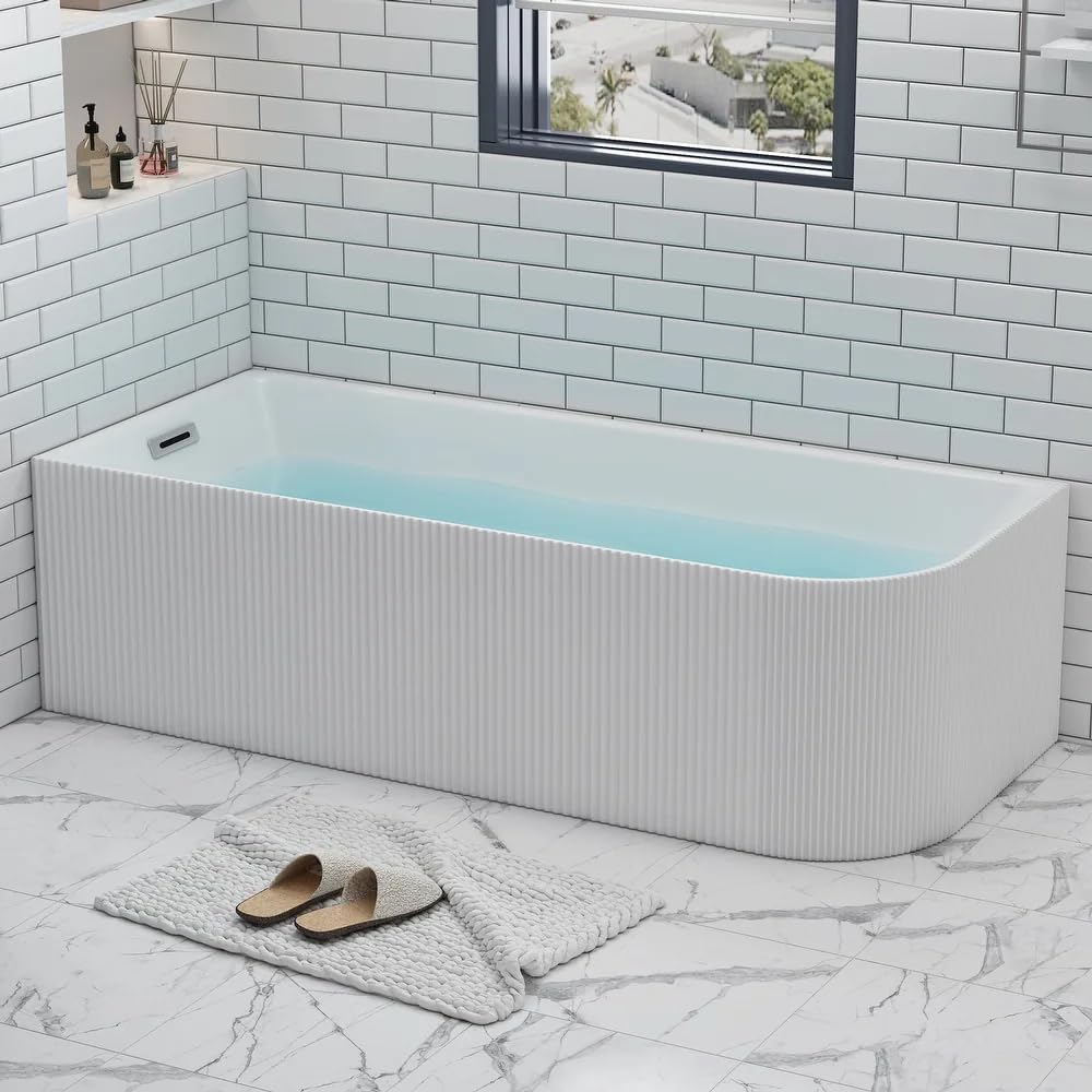 59 inch Corner Wave Style Left Drain Freestanding Soaking Bathtub, Modern Stand Alone Free Standing Acrylic Tub with Left Hand Drain & Overflow, Glossy White