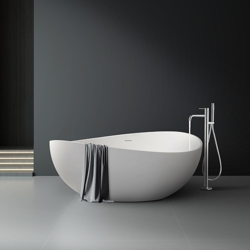 63' Wave Shape Freestanding Bathtub, Solid Surface Matte White | Modern Stand Alone Tub, Resin Stone, Overflow and Drain Saoking Bath Tub