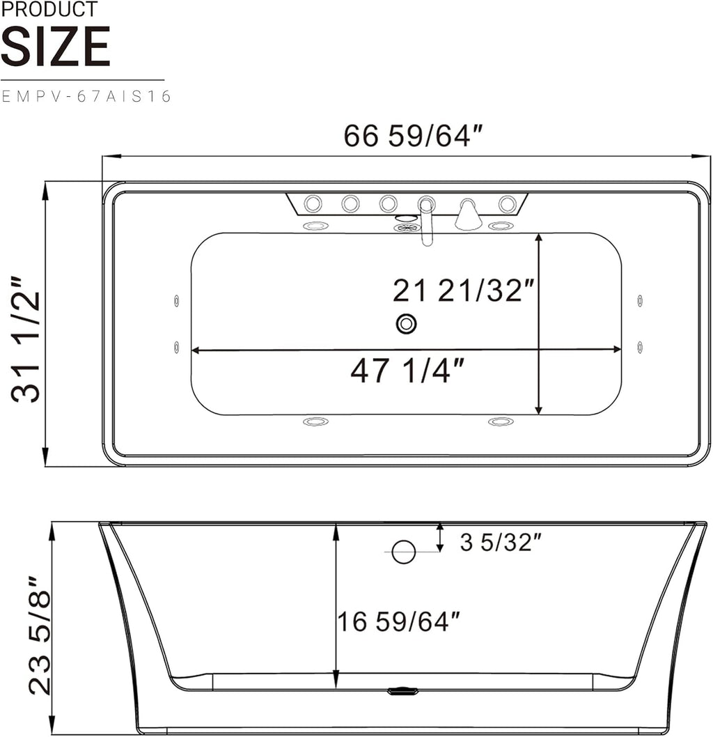 Empava 67 in. Acrylic Freestanding Tub Hydromassage Gracefully Rectangle Shaped Whirlpool 8 Water Jets Soaking SPA, Double-Ended Massage Bathtub with Two Black Pillows