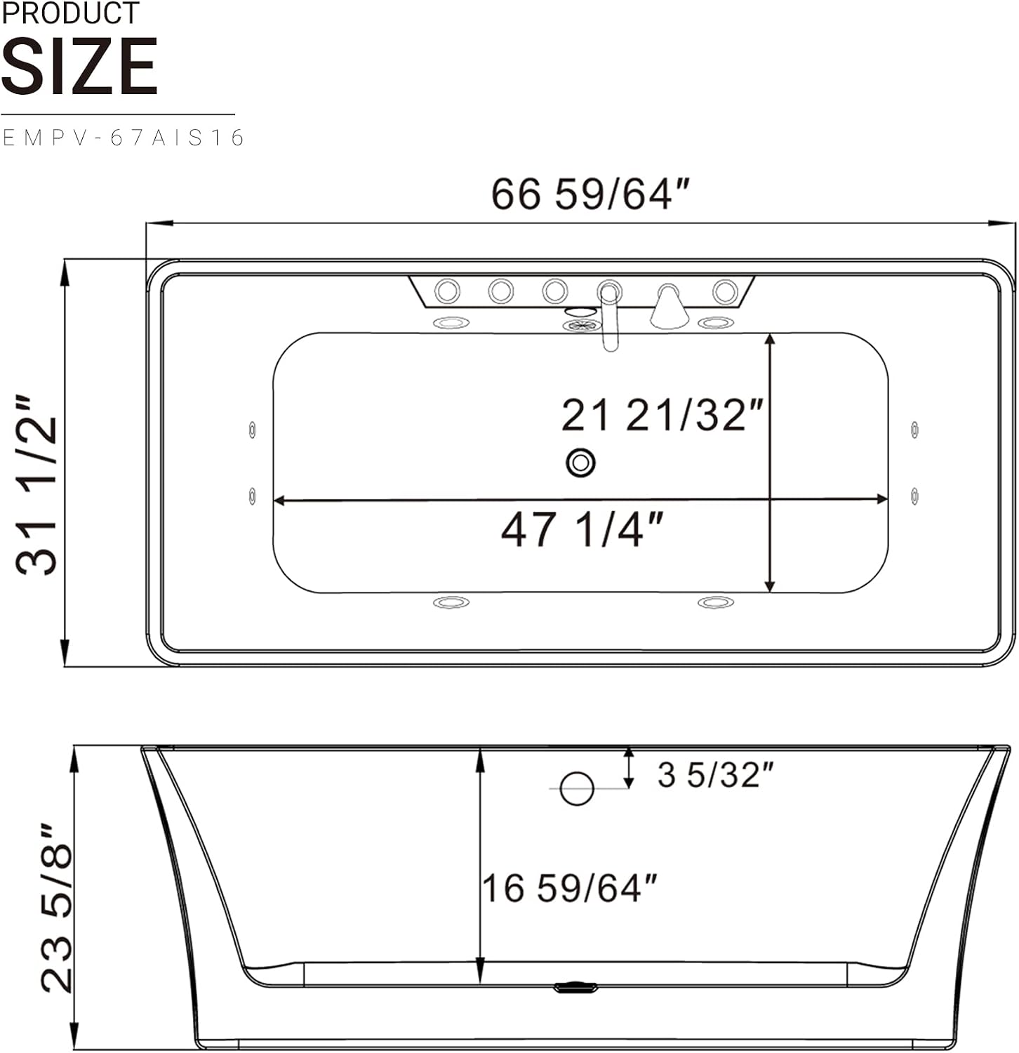 Empava 67 in. Acrylic Freestanding Tub Hydromassage Gracefully Rectangle Shaped Whirlpool 8 Water Jets Soaking SPA, Double-Ended Massage Bathtub with Two Black Pillows